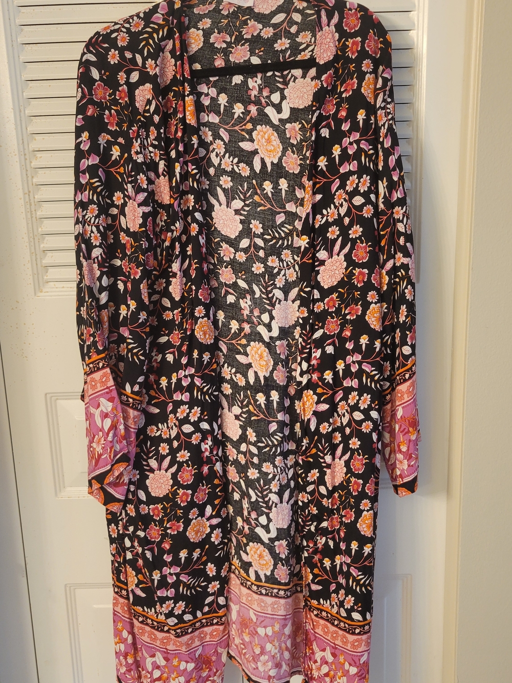 Pink Lily Black Floral Open-Front Kimono with Pink and Yellow Blossoms
